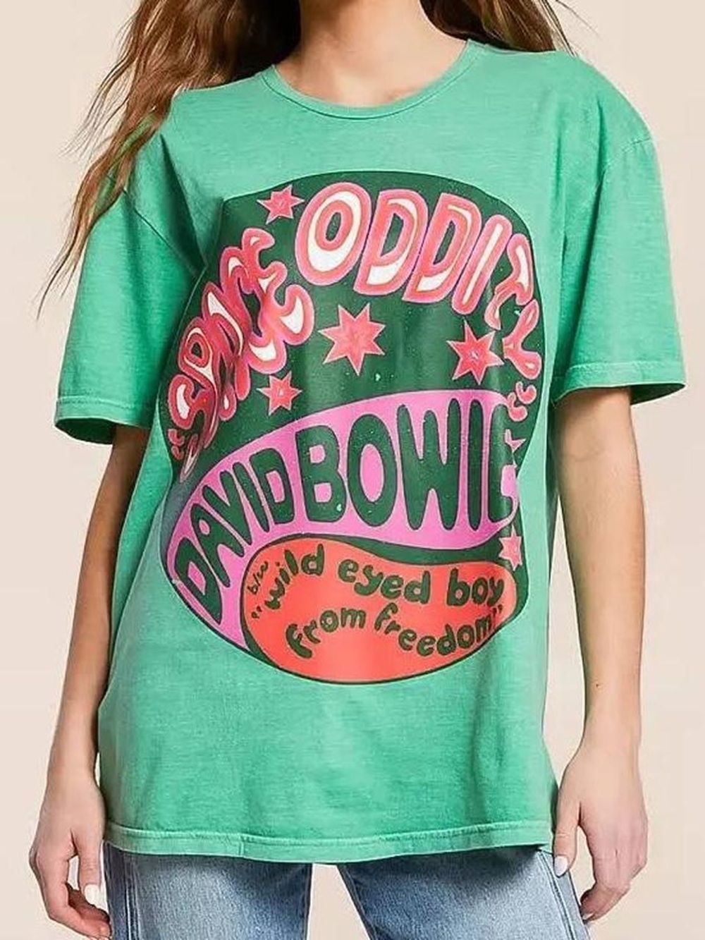 Urban Outfitters Green David Bowie Graphic Tee with Pink & Coral Print